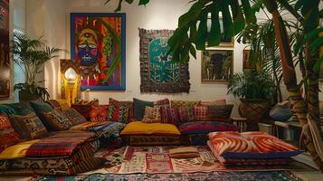 Maximalist Bohemian Living Space Showcasing Vibrant Patterns, Lush Plants, and photo