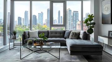 Modern Living Room with City Skyline View A Chic Urban Haven of Comfort and Style photo