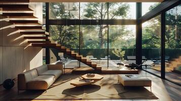 Minimalist Living Room with Floating Staircase Basks in Sunlight and Natural Surroundings photo