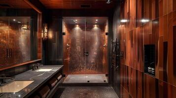 lujoso moderno baño con oscuro madera y cobre acentos brillante con texturizado bronce losas y cabeza de lluvia ducha foto