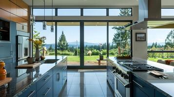 Modern Oregon Kitchen with Sleek Blue Cabinets and Panoramic Nature Views photo