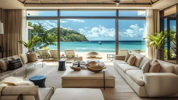 Modern Luxury Living Room in Seychelles Beachfront Villa with Panoramic Ocean Views photo