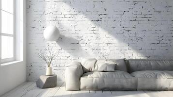 Minimalistic Cozy AI Created Nordic Living Space Featuring White Brick Wall and Plush Grey Sofa photo