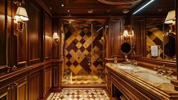 Luxury Yacht Master Bathroom with Mahogany Walls and Diamond Pattern Tiles photo