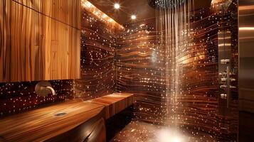 Luxury Steam Room with Starry Glass Bead Tiles and Warm Wooden Bench - A Soothing Interior Design Oasis photo