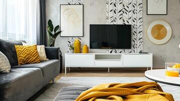 Modern Living Room with Geometric Wallpaper and Mustard Throws on Charcoal Velvet Sofa photo