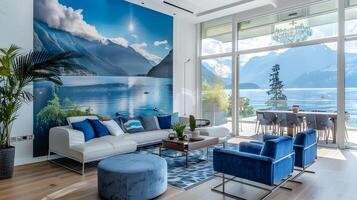 moderno lujo vivo habitación con lago como pared mural y suizo Alpes ver - creado por ai obra de arte foto