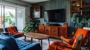 Midcentury Modern Living Room with Vibrant Wallpaper and Retro TV in Cozy Space photo