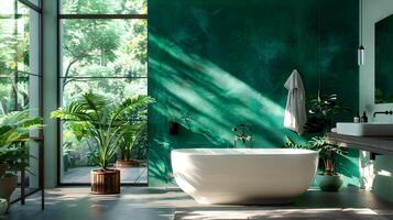 lujoso moderno baño con Esmeralda verde pared y de pie bañera, exudando tranquilidad y inspirado en la naturaleza elegancia foto