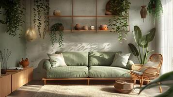 minimalista vivo habitación escapar verde sofá y interior plantas en sereno armonía foto