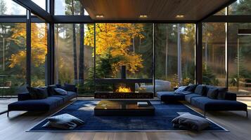 Modern Living Room with Floor-to-Ceiling Windows Overlooking Autumn Forest and Sleek Fireplace photo