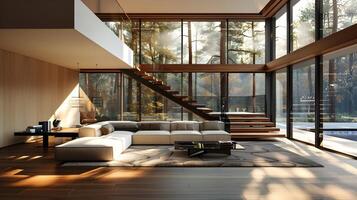moderno madera y vaso vivo habitación con iluminado por el sol bosque ver y contrahuella abierta escalera foto