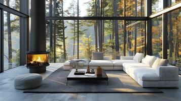 moderno vivo habitación con elegante mueble con vista a sereno otoño bosque foto