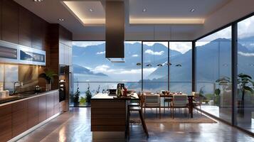 Modern Luxury Kitchen with Misty Mountain Backdrop A Scene of Comfort and Tranquility photo