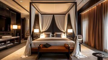 lujo hotel dormitorio con pabellón cama en terroso tonos y moderno diseño foto