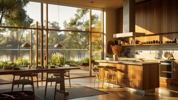Modern Kitchen with Lake Views Serene Atmosphere and Inviting Dining Space in Warm Light photo