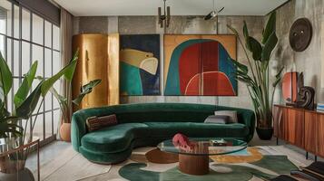 Midcentury Modern Living Room with Vibrant Abstract Art and Sumptuous Green Velvet Sofa photo