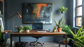 Modern Refinement and Industrial Patina in a Cozy Home Office with Potted Plants and Abstract Art photo