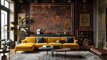 Moroccan-Inspired Living Room with Mustard Yellow Corduroy Sofa and Intricately Carved Wooden Wall Art photo