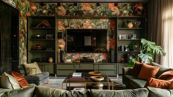 maximalista aceituna verde vivo habitación con lujoso floral fondo de pantalla y atractivo mobiliario foto