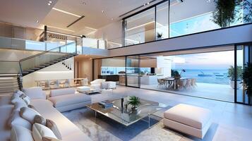 Luxurious Modern Villa Living Room Overlooking Ocean with Indoor Plants and Sleek Staircase photo