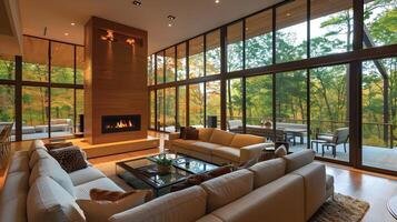 Modern Living Room with Floor-to-Ceiling Windows Offering a Captivating Autumn Forest View photo