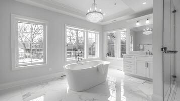 Luxurious Monochrome Bathroom with Freestanding Tub and Treescape View in Upscale Home photo