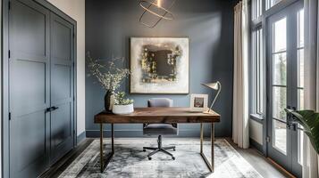 Modern Refinement Home Office with Monochromatic Art and Industrial Patina photo