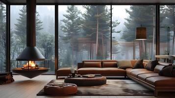 Modern Log House Living Room with Forest View and Suspended Fireplace photo