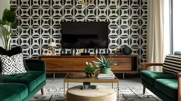 Mid-Century Modern Living Room with Geometric Black and White Wallpaper and Green Velvet Sofas photo