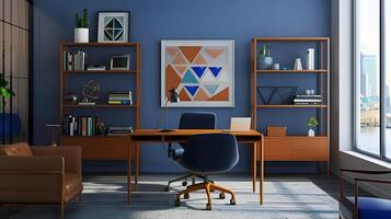 Modern Home Office with Blue Walls and Geometric Art Embracing Comfort and Industrial Elegance photo