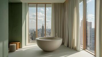 Minimalist Bathroom Design with Spherical Tub Overlooking New York City Skyline photo