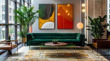 Modern Hotel Lobby Exuding Luxury with Emerald Green Velvet Sofa and Colorful Abstract Art photo