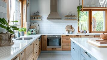 Modern Country Kitchen with Light Wood and Blue Accents A Scandinavian-Inspired Culinary Space photo