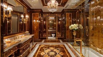 lujoso baño diseño con Rico madera revestimiento de madera y oro acentos, exudando elegancia y opulencia foto