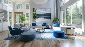 Living Room with Blue Accents and Serene Lake Painting Embraces Modern Style and Natural Serenity photo