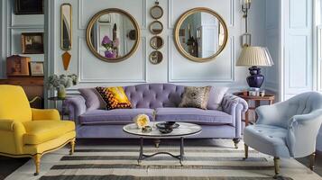 Lavender Velvet Sofa Adorned with Mirrors in Parisian-Inspired Living Room photo