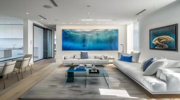 Luminous Luxury Living Room with Blue-Toned Underwater Painting and Sleek Modern Furniture photo