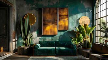 Luxurious Green Velvet Sofa Basks in Sunlight and Industrial Chic of an Art-Filled Room photo