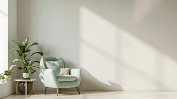 Light Green Armchair Basking in Soft Sunlight and Potted Plants Creates an Airy Minimalist Lounge photo