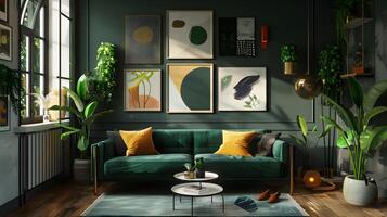 Luxurious Green Living Room with Accent Wall and Eclectic Art in Stylish Gathering Spot photo