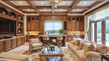 lujoso cocina y sentado habitación con hecho a mano madera armarios en un elegante Florida hogar foto