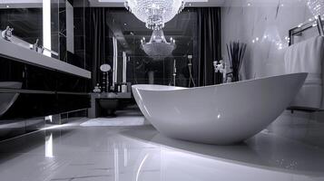 Luxurious Black and White Bathroom with Crystal Chandelier and Freestanding Tub photo