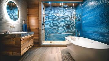 luminoso baño con Oceano ola azul mosaico losas y regenerado madera vanidad foto