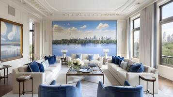 Luxurious Living Room Adorned with Wall Mural of Central Park Lake Offering Stunning Views of New York City Springtime photo