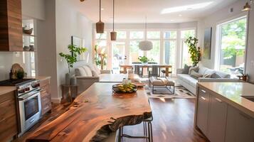 Live Edge Wood Countertop in Modern Open-Concept Kitchen and Living Room Basking in Natural Light photo