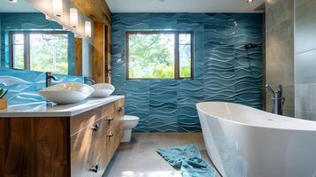 Luminous Bathroom with Wave-Patterned Blue Tiles and Modern Wood Accents photo