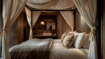 Luxurious Canopy Bed in High-end Hotel Room Exuding Modern Rustic Elegance photo