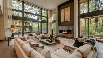 Luxurious Living Room in Modern Mansion with Crabapple Forest View and Grand Fireplace photo