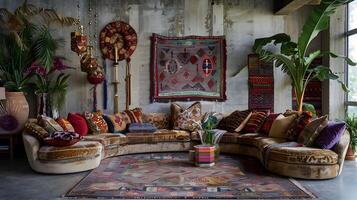 lujoso bohemio vivo habitación con curvilíneo en corte y intrincado textil pared Arte foto